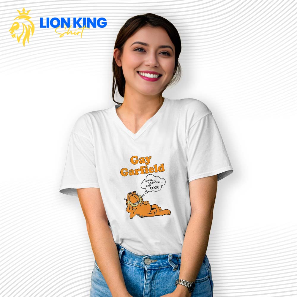 Gay Garfield V Neck, Humorous LGBT Design Dreaming of Lasagna Gay Garfield V Neck
